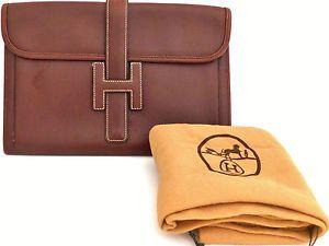 Hermes H Logo - Authentic HERMES JIGE H Logo Brown Leather Clutch Bag