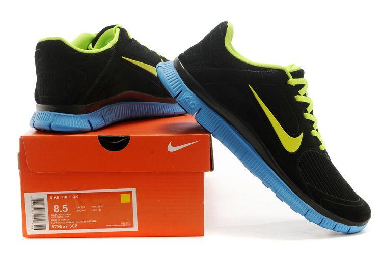 Black and Blue M Logo - Discount Nike Free 4.0 V3 black blue with yellow logo running shoes