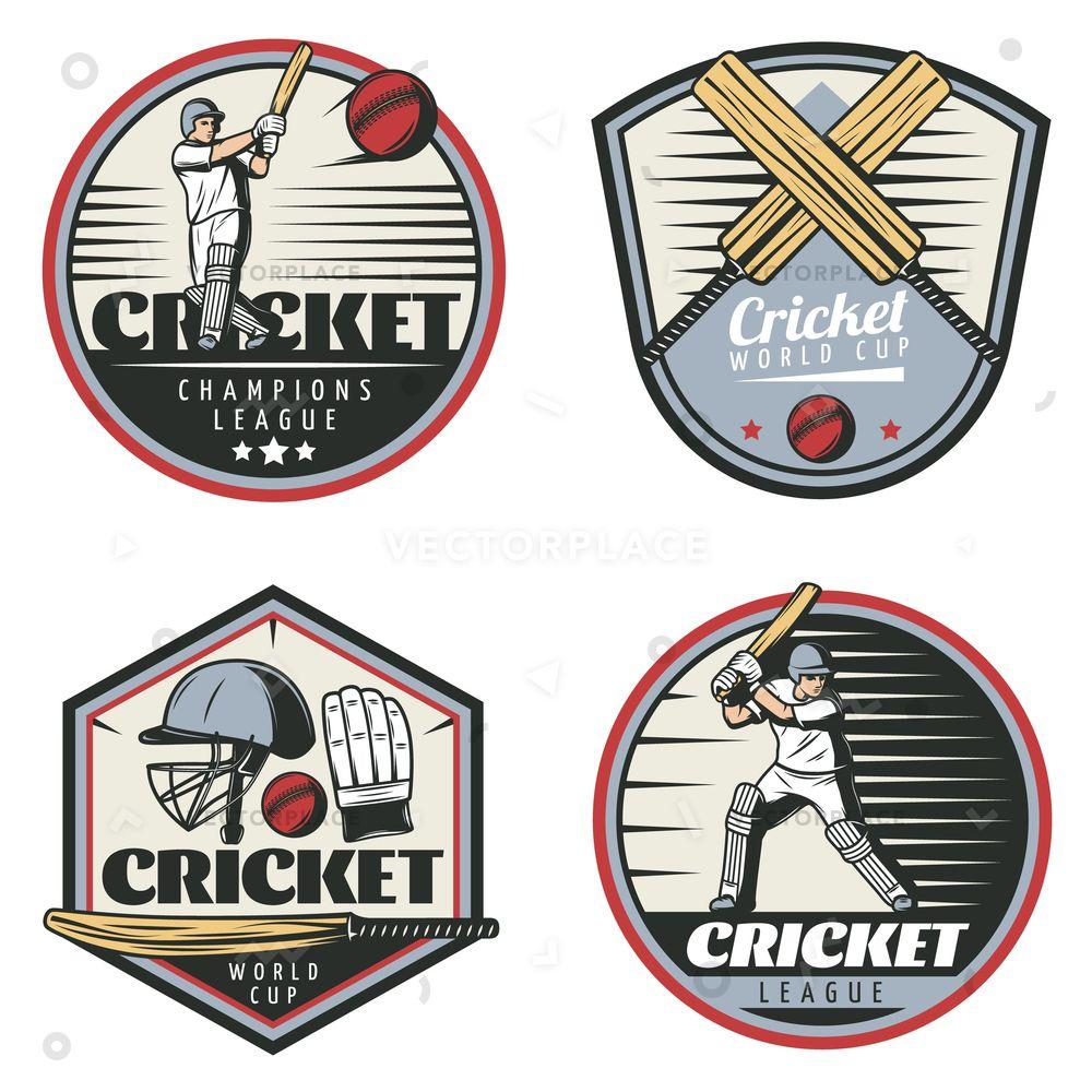 Crossed Bat Ball Logo - Colored Vintage Cricket Sport Emblems Set Vector Illustration 23742