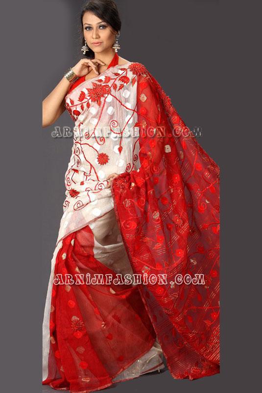 Red and White Fashion Logo - Red White Jamdani Saree from Arnim Fashion. Bangladeshi Fashions