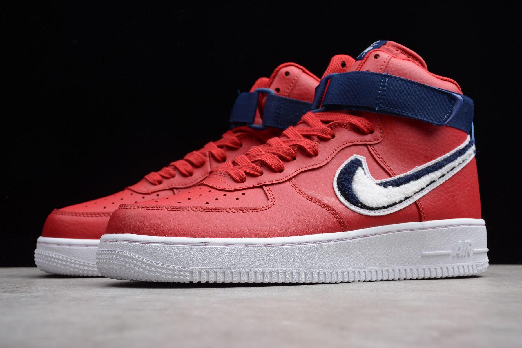 Red White Nike Logo - Nike Air Force 1 High '07 LV8 “Chenille Swoosh” Gym Red White Blue