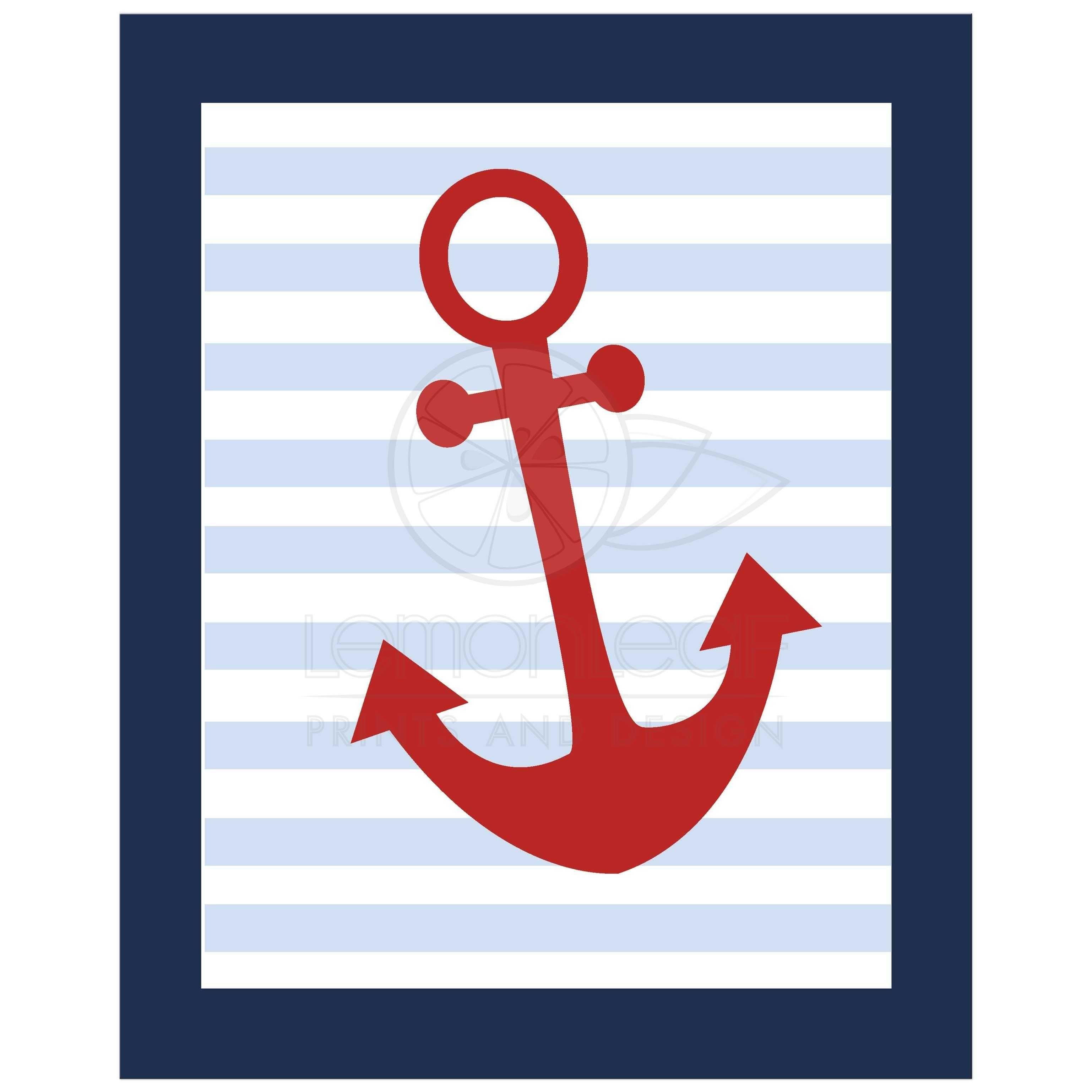 Red and Blue Anchor Logo - Anchor Red with Navy Blue Nautical Art Print 8x10