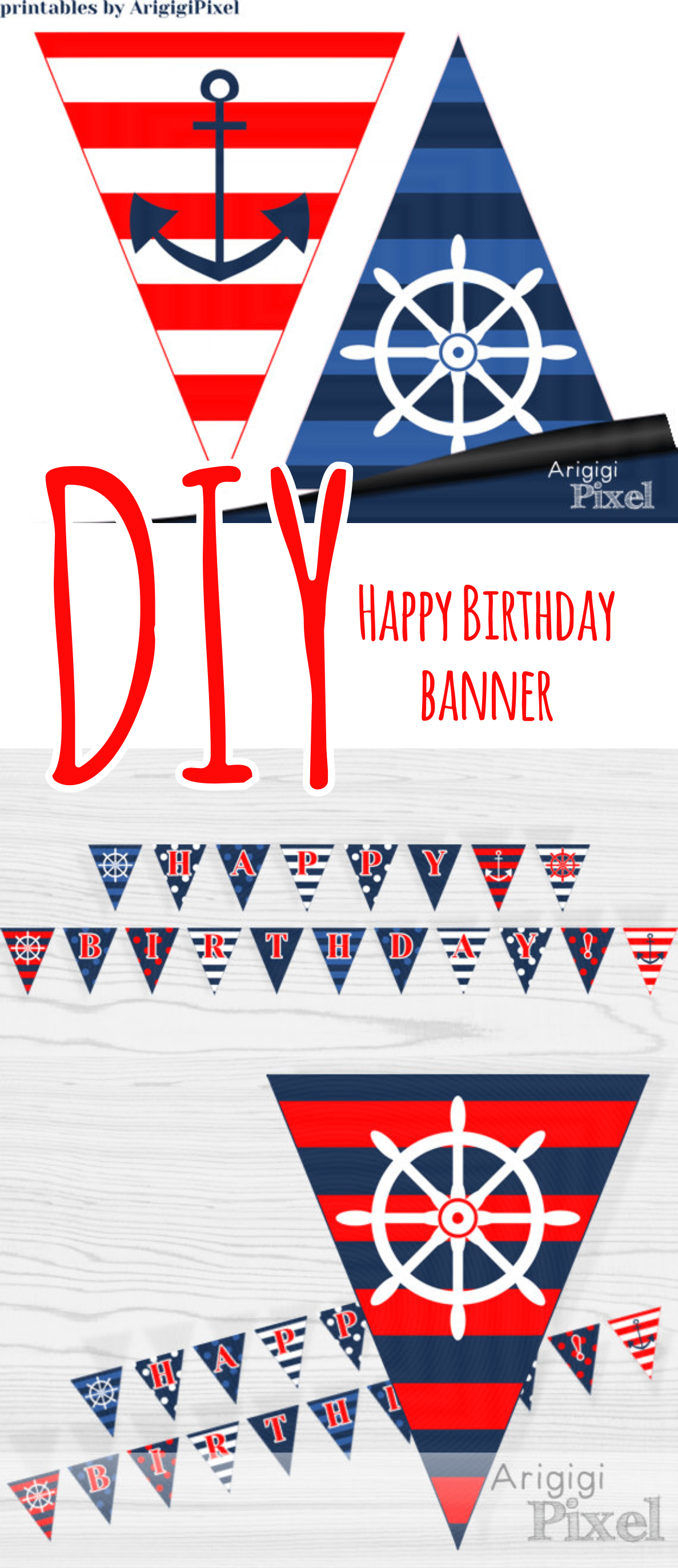 Red and Blue Anchor Logo - Happy Birthday Nautical Banner with Anchor Pennants for Sailor