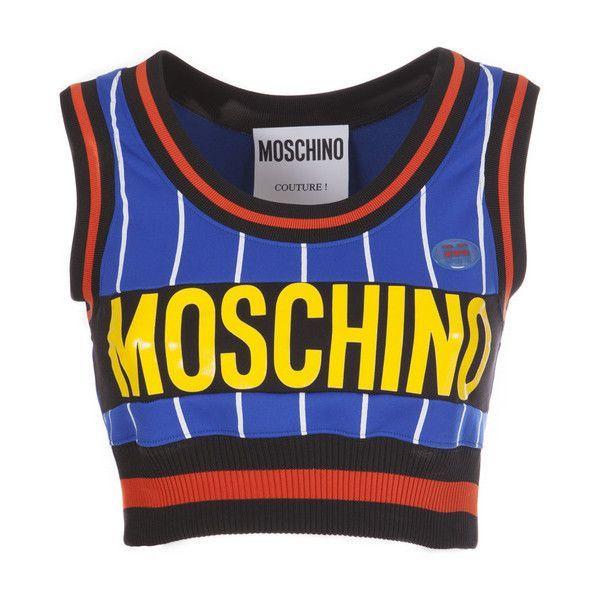 Blue Top and Yellow Logo - Moschino Blue Cropped Logo Top ($375) ❤ liked on Polyvore featuring