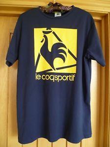 Blue Top and Yellow Logo - Le coq sportif navy stretch T shirt sports top yellow logo 42