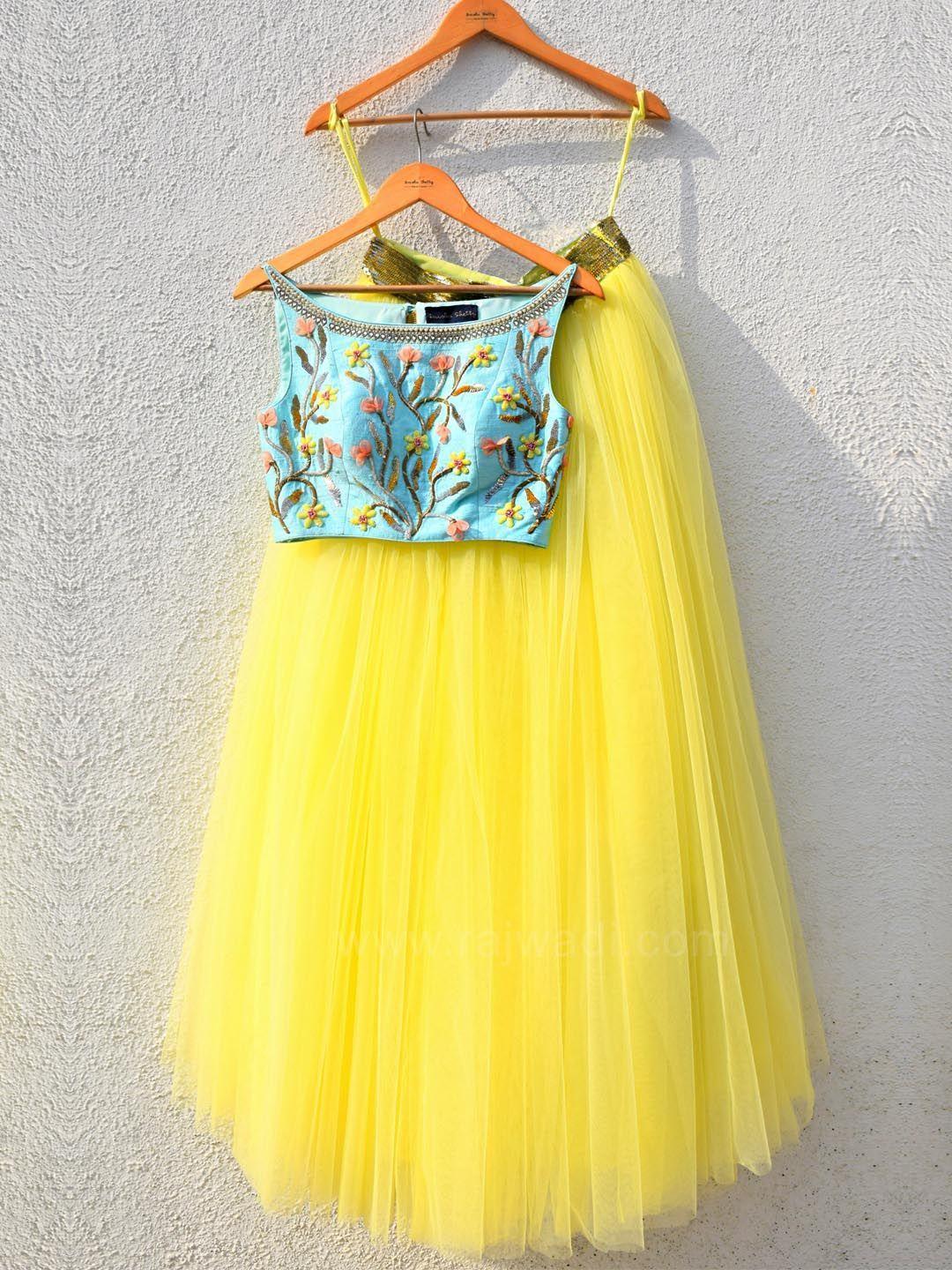 Blue Top and Yellow Logo - Yellow Flared Lehenga with Turquoise Blue Crop Top by Designer ...