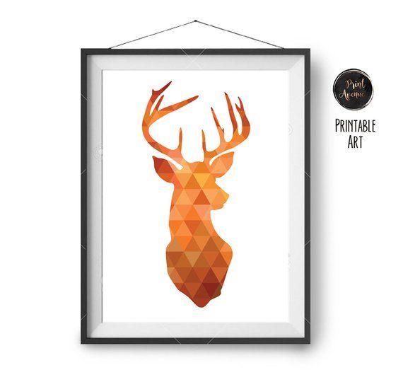 Orange Deer Logo - Orange Deer Art Geometric Deer Print Bright Orange Wall Art