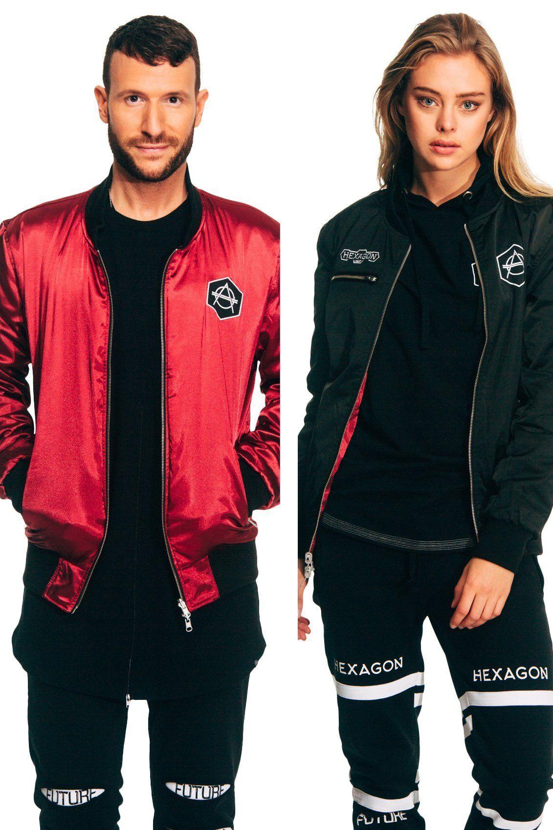 White and Red Hexagon Logo - Black Red Double Sided Bomber