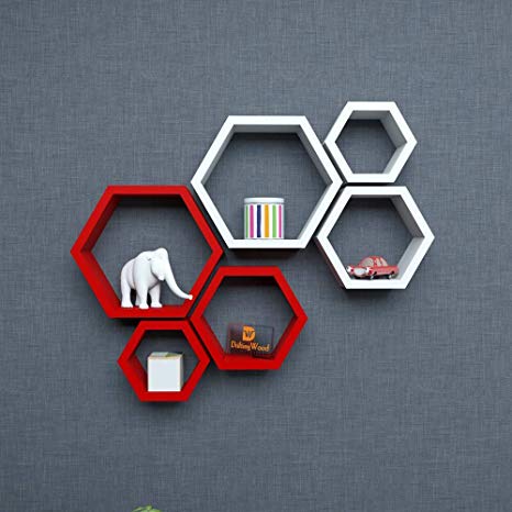 White and Red Hexagon Logo - Driftingwood Wall Shelf Rack Hexagon Shape Storage Wall Shelves ...