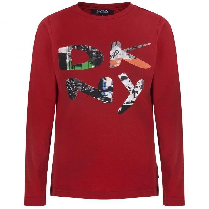 Red Abstract Logo - DKNY Boys Red Long Sleeve T Shirt With Abstract Logo Print