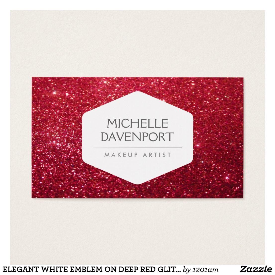 White and Red Hexagon Logo - Elegant white emblem on deep red glitter business card. { Products