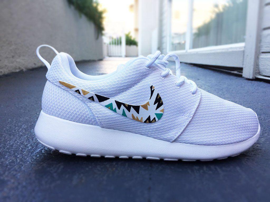 Nike Shoes with the Triangle Logo - Custom Nike Roshe Run sneakers for women, All white, Black and Gold
