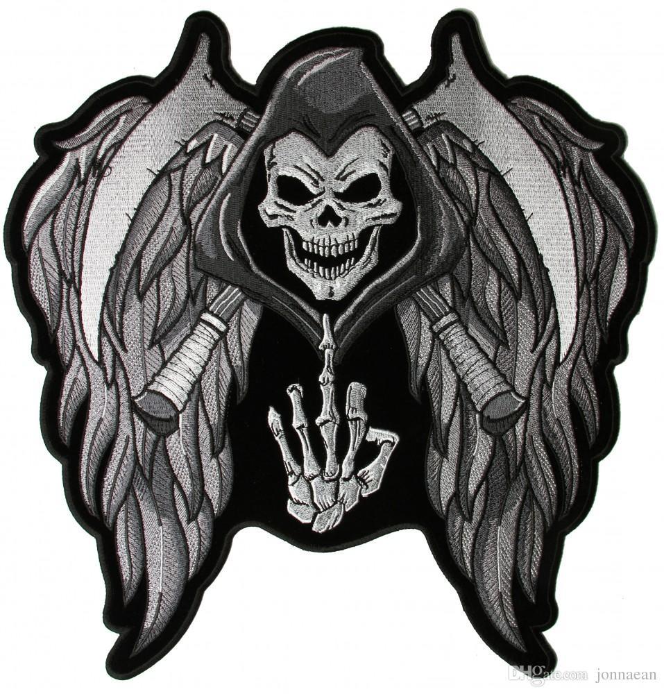 Cool Reaper Logo - Cool And Bold Reaper-Skull-Wings-Middle-Finger Embroidered Iron On ...