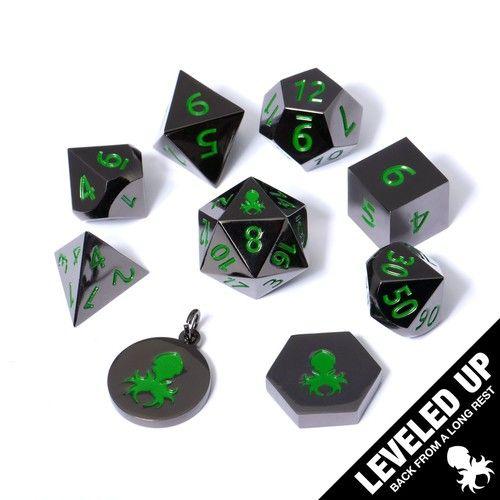 Green PC Logo - 9pc Dwarven Black Chrome Metal RPG Dice With Green Numbers