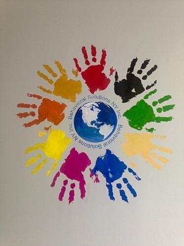 Globe with Red Hands Logo - BEHAVIORAL SOLUTIONS NY LOGO MURAL rainbow handprints red orange ...