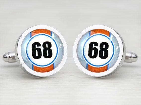 Orange and Blue Oval Logo - Personalised Race Car Number Cufflinks & Blue