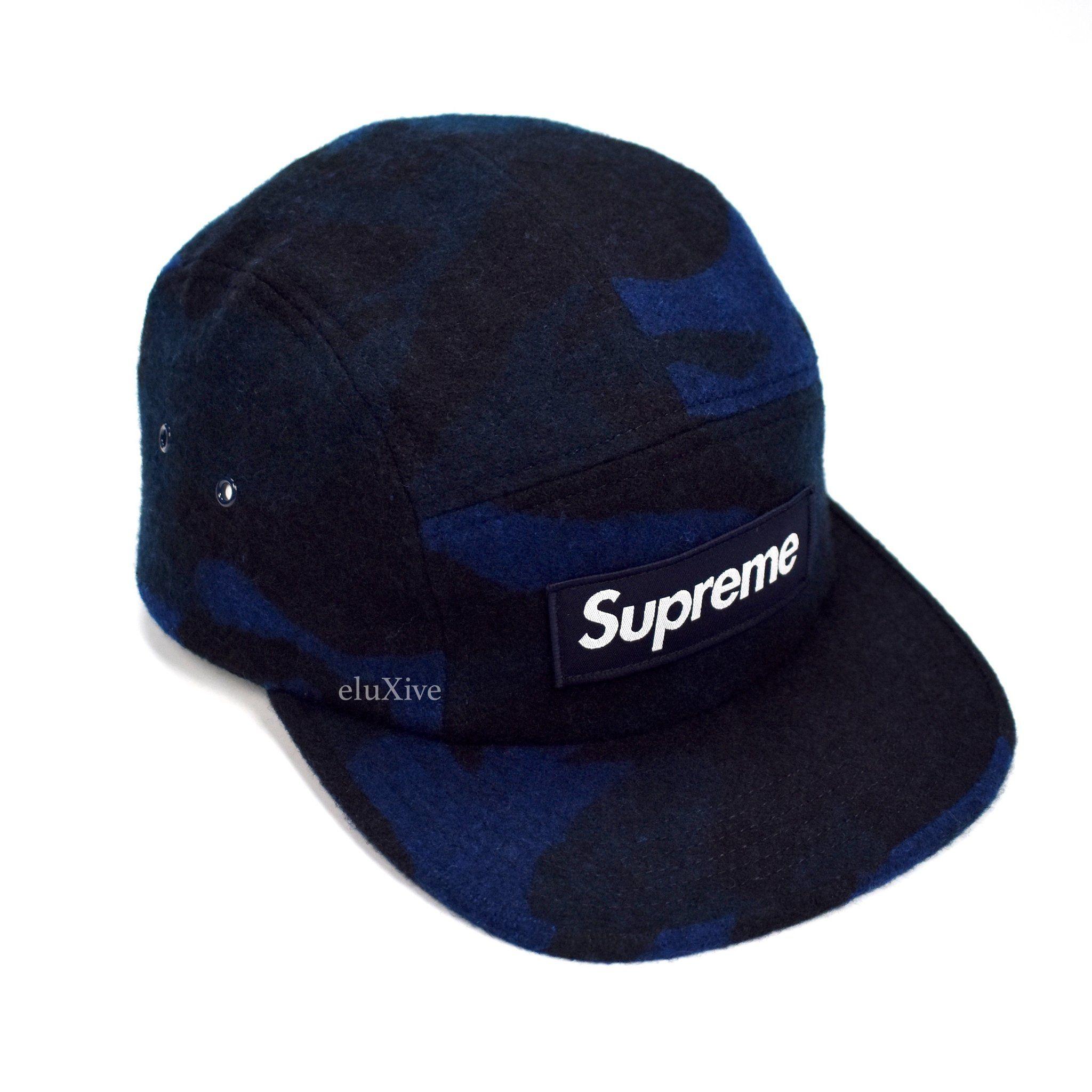 Blue Camo Supreme Logo - Supreme - Navy Camo Printed Wool Box Logo Camp Cap Hat – eluXive