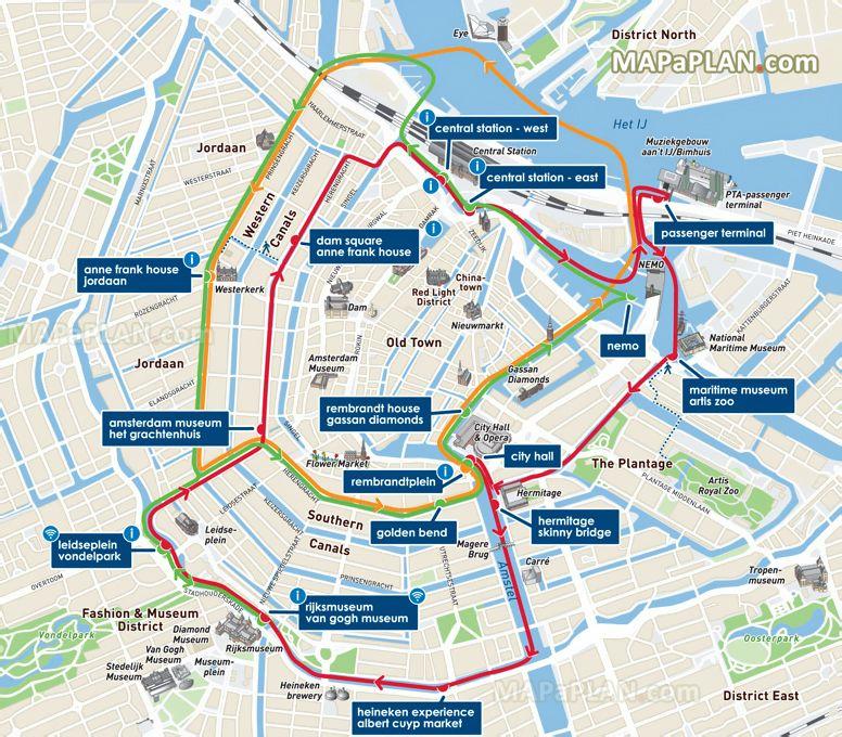 Red-Orange and Green Lines Logo - Amsterdam map Bus canal cruises with Red, Orange & Green lines