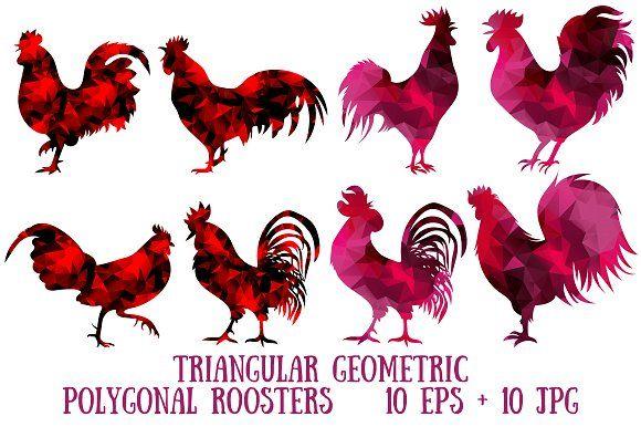 Red Rooster in a Trinangle Logo - Triangular polygonal roosters. Graphic Objects Creative Market