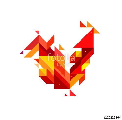 Red Rooster in a Trinangle Logo - Minimalistic Vector abstract illustration. Red Rooster of geometric