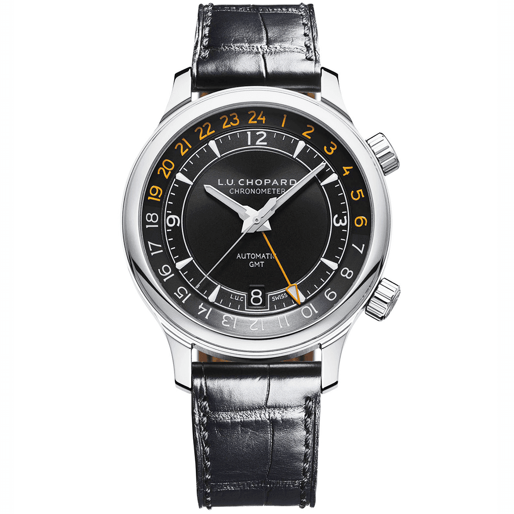 Orange Andblack U Logo - Chopard L.U.C GMT One 42mm Black Orange Dial Men's Leather Strap Watch