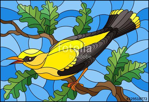 Yellow Bird Blue Background Logo - Illustration in the style of stained glass with a beautiful yellow