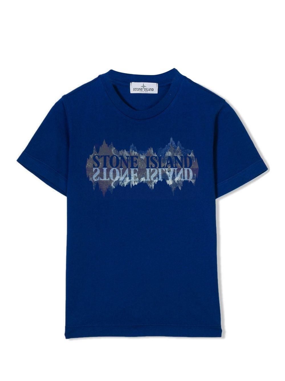 Royal Blue and Logo - Stone Island Junior Royal Blue Printed Logo T-shirt | Designerwear