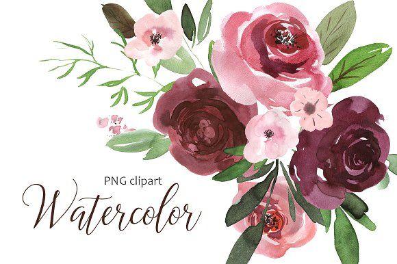 Pink Green Flower Logo - Watercolor pink & burgundy flowers Illustrations Creative Market