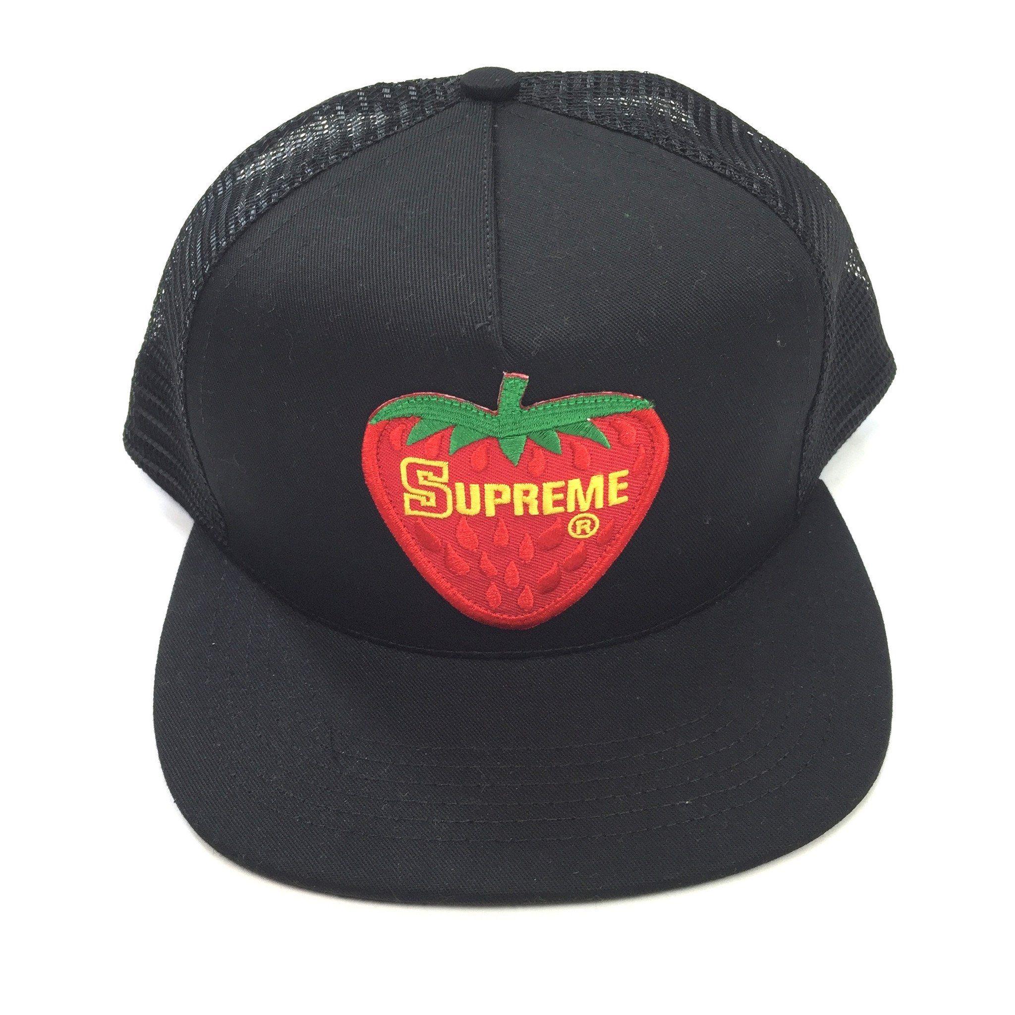 Black Strawberry Logo - Supreme - SS17 Black Mesh Back Strawberry Logo Trucker Hat ...