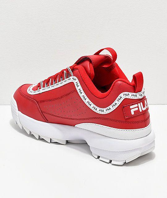 White and Red Shoe Logo - FILA Disruptor II Logo Taping Red Shoes