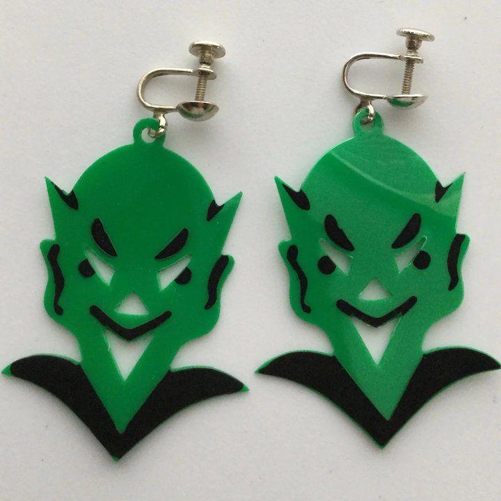 Green Devil Logo - Vintage Halloween Green Devil Earrings : Distant Details | Ruby Lane