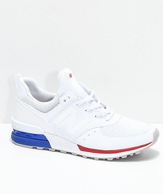 White and Red Shoe Logo - New Balance Lifestyle 574 Sport White, Blue & Red Shoes