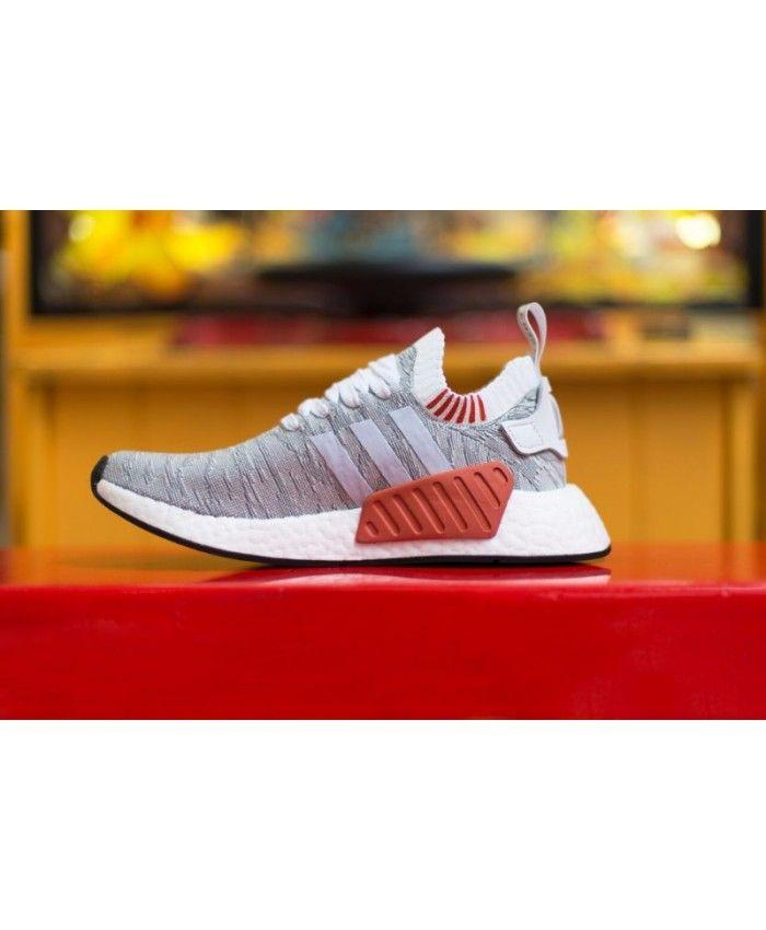 White and Red Shoe Logo - Adidas NMD R2 Primeknit Tiger Camo Grey White Red Shoes Sale UK