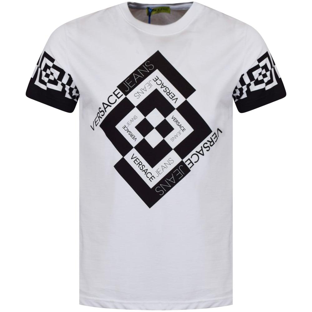 Black and White Diamond Clothing Logo - VERSACE JEANS Versace Jeans White/Black Diamond Check Logo T-Shirt ...