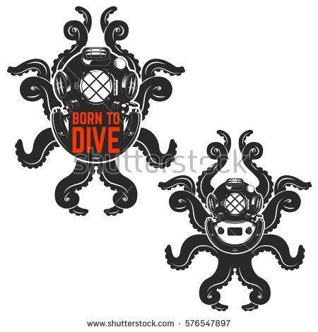 Old Element Logo - Born to dive. Old style diver helmet with octopus tentacles. Design ...
