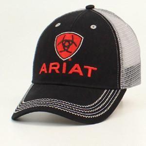 Black and Red Shield Logo - Ariat Red Shield Logo Grey Mesh Black Snap Back Cap Western Wear