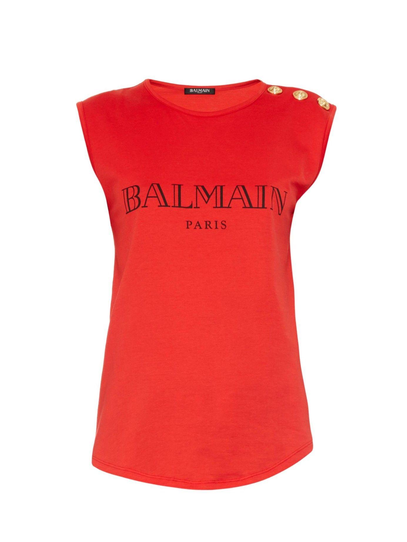 Top Red Logo - Balmain Logo Print Cotton Jersey Tank Top In Red
