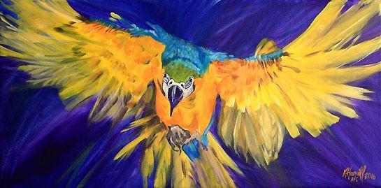 Bird with Yellow and Blue Airplane Logo - Freedom Flight, Blue and Yellow Macaw by Bird Artist Kitty Harvill