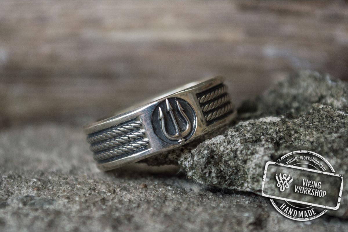 Silver Box Style Brand Logo - Ring with Trident Symbol Ornament Style Sterling Silver Jewelry