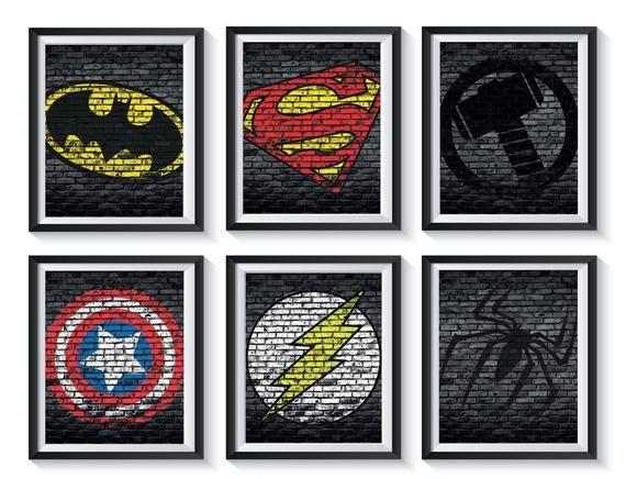 Graffiti Superhero Logo - Superhero Logo Brick Art Prints Qty 4 Boys NURSERY | Etsy