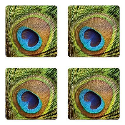 Eye Shape and a Green Square Logo - Ambesonne Peacock Coaster Set of Four, Peacock Feather