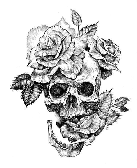 Black and White Rose Logo - Black and White skull with roses pen drawing by Sarachnid | Tattoos ...