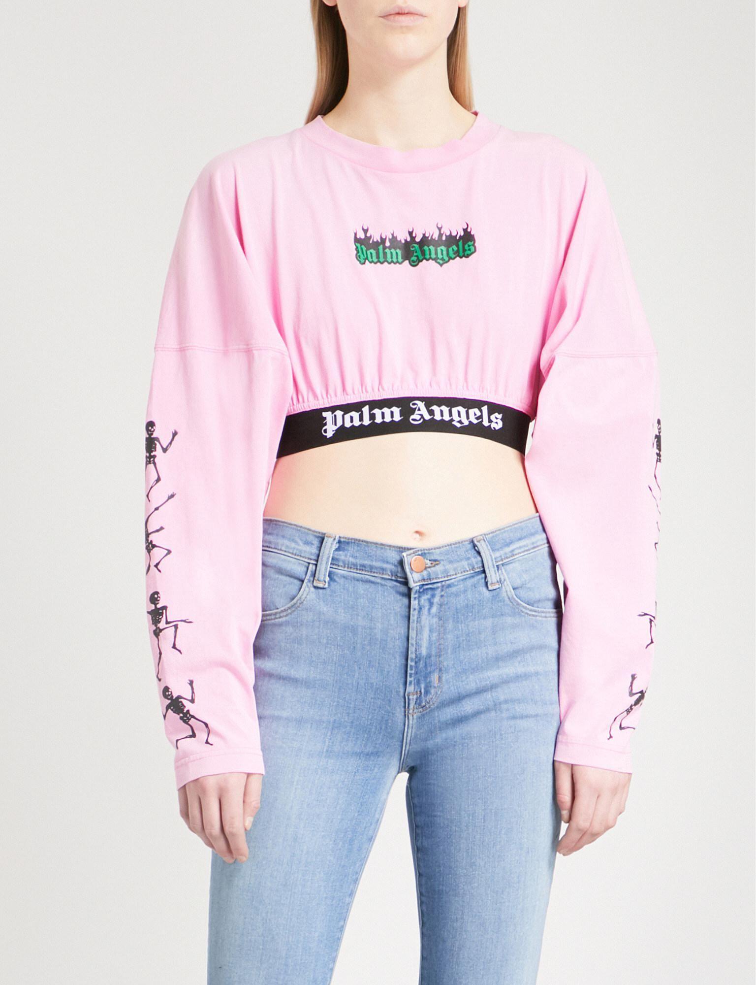 Top Pink Logo - Palm Angels Logo-print Cotton-jersey Cropped Top in Pink - Lyst