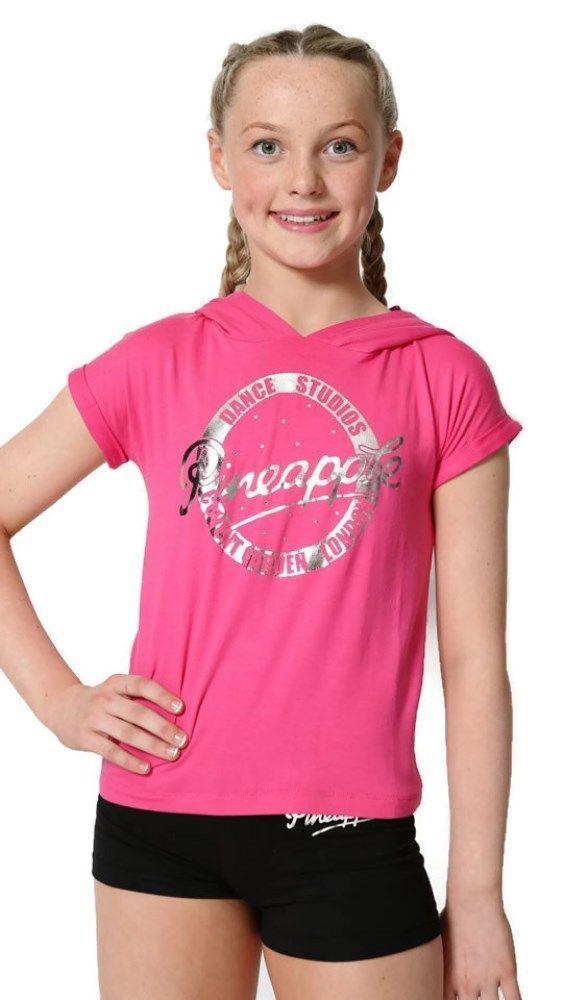 Top Pink Logo - PINEAPPLE DANCEWEAR GIRLS Short Sleeved Dance Hooded Top Pink