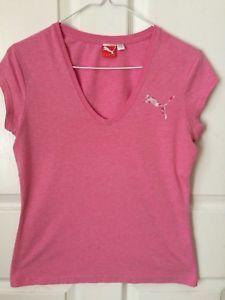 Top Pink Logo - PUMA Women's V Neck Workout Shirt Cap Sleeve Cotton Logo Running Top