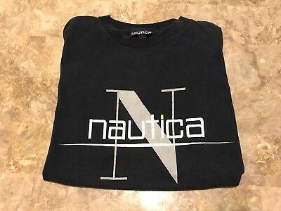 90s N Logo - VINTAGE 90S NAUTICA Big N Logo Spell Out Navy Blue Graphic T Shirt