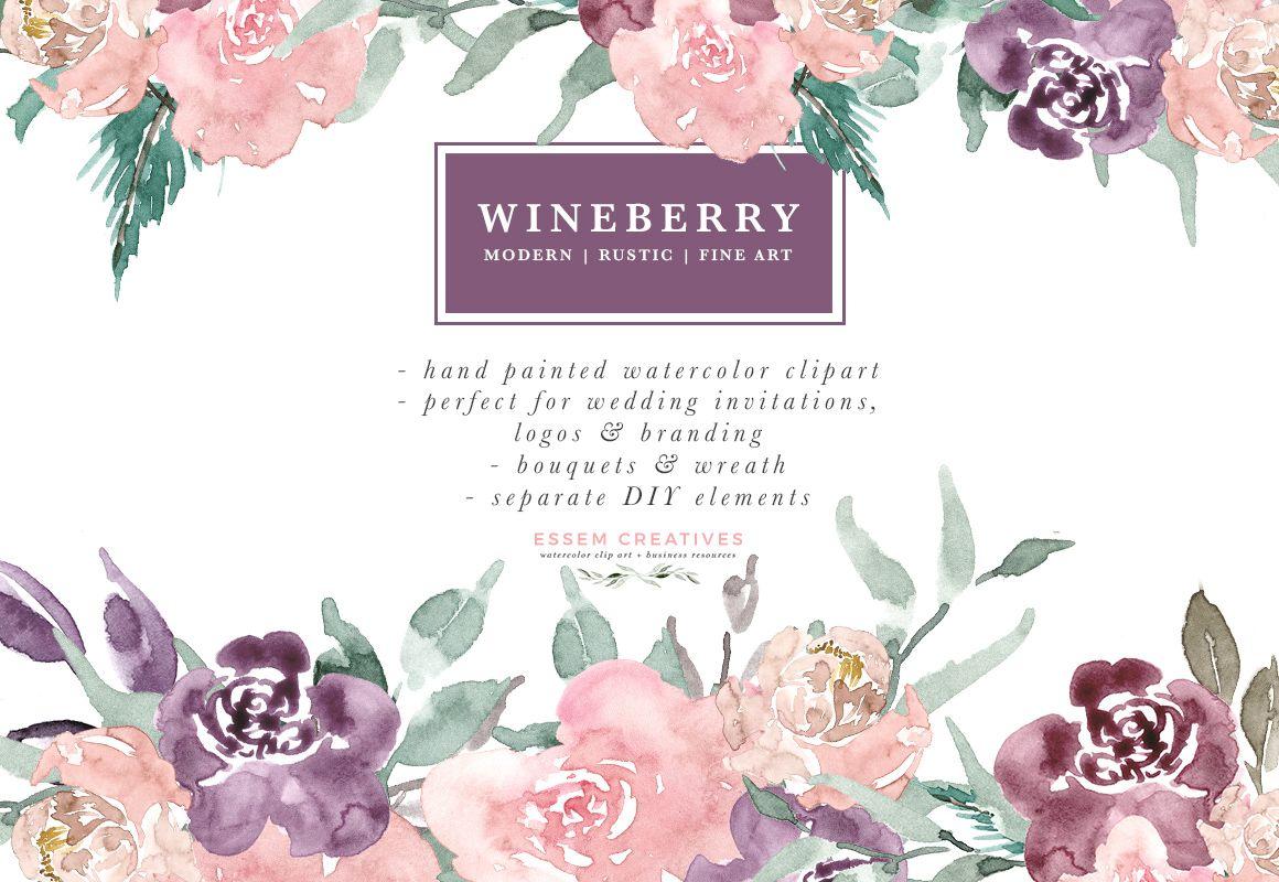 Watercolor Flower Logo - Wine Berry Burgundy Watercolor Flowers Clipart, Watercolor Bouquets