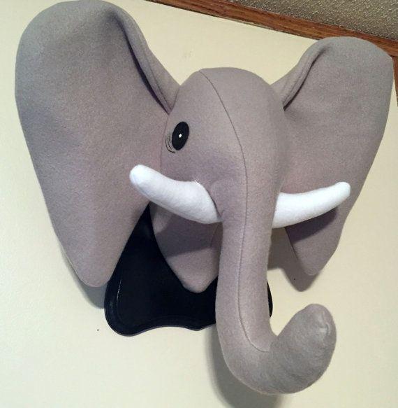 Grey Elephant Head Logo - Gray Stuffed Elephant Head / Faux Taxidermy / Elephant decor
