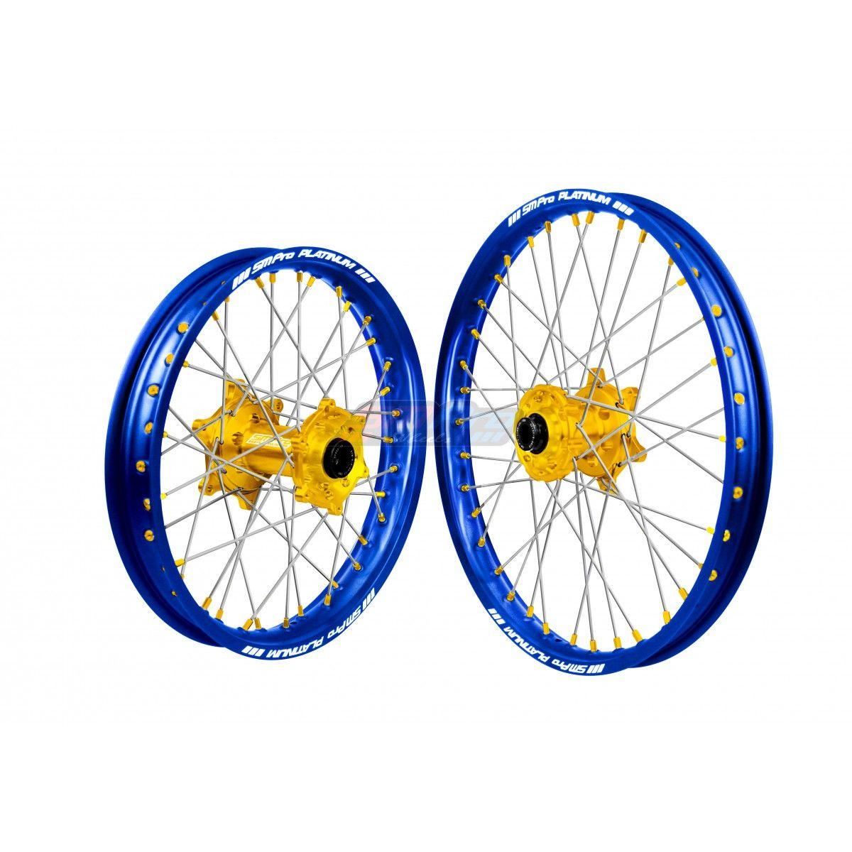 Blue Rim Circle Logo - SM Pro Platinum Wheel Set - Yamaha YZ/YZF - Gold Hub / Blue Rim