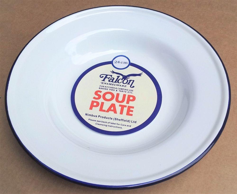 Blue Rim Circle Logo - Falcon Enamel 24cm Soup Dinner Plate Bowl White with Blue Rim